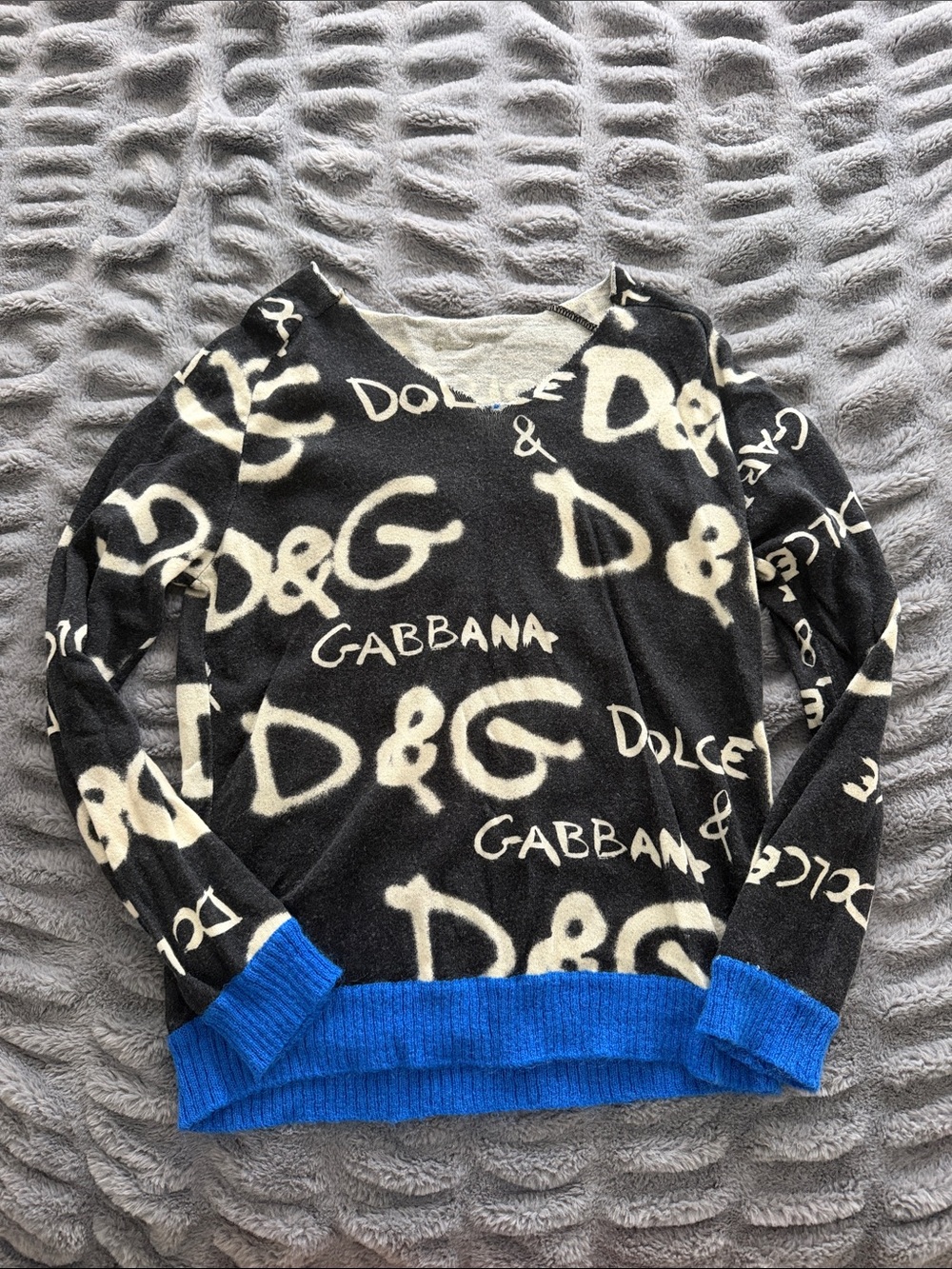 Dolce & Gabbana Black and White Logo V-Neck Sweater with Blue Hem